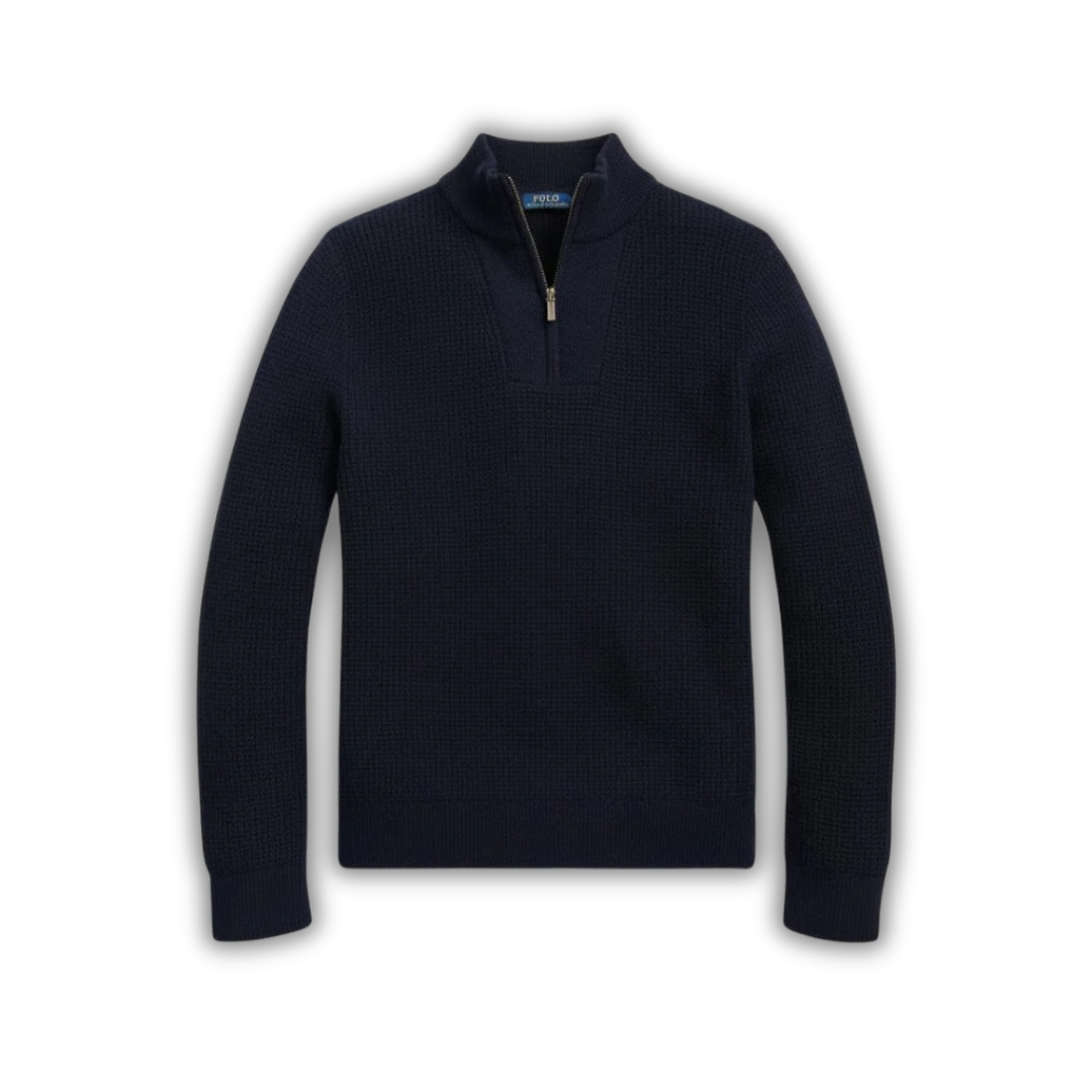 Waffle-Knit Wool-Cotton Quarter-Zip Sweater