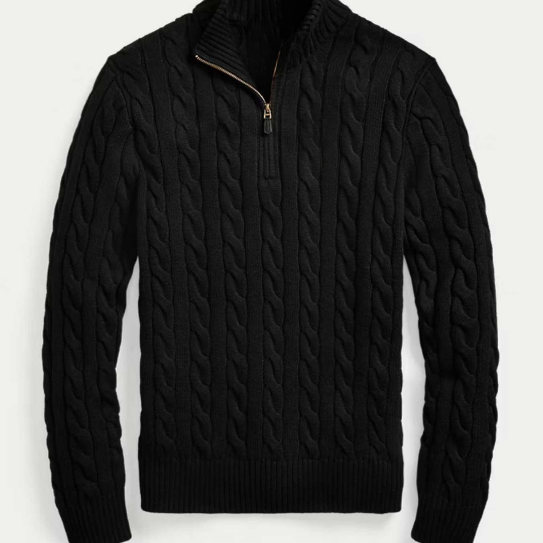 Cable-Knit Sweater With Zipper - Black