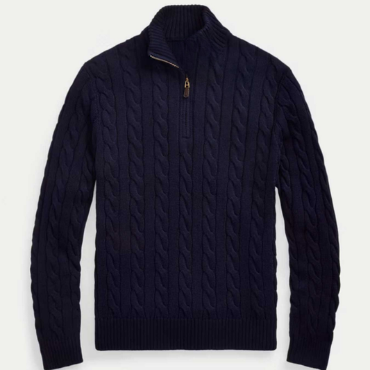 Cable-Knit Sweater With Zipper - Navy